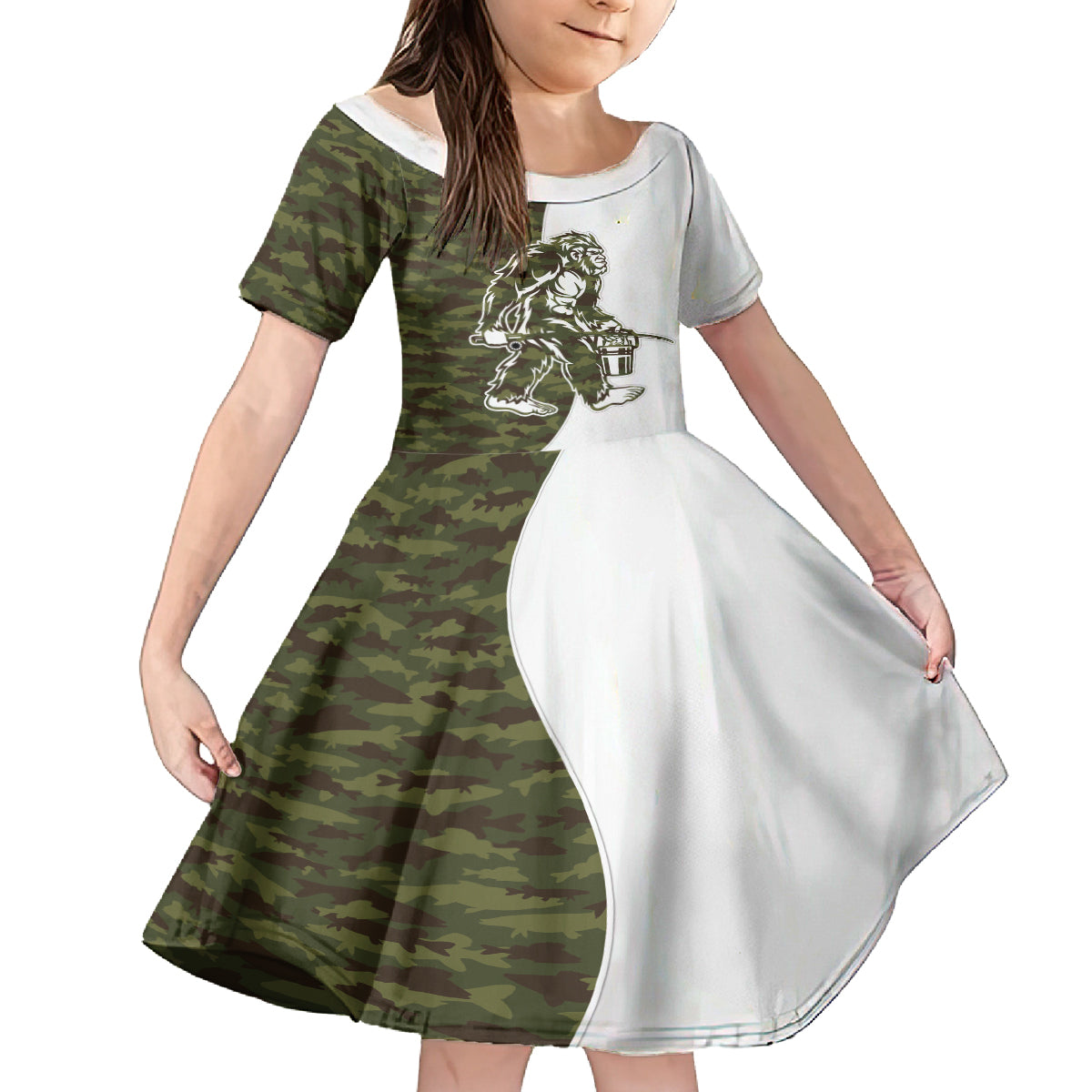 Funny Bigfoot Green Military Texture Fish Kid Short Sleeve Dress - Wonder Print Shop
