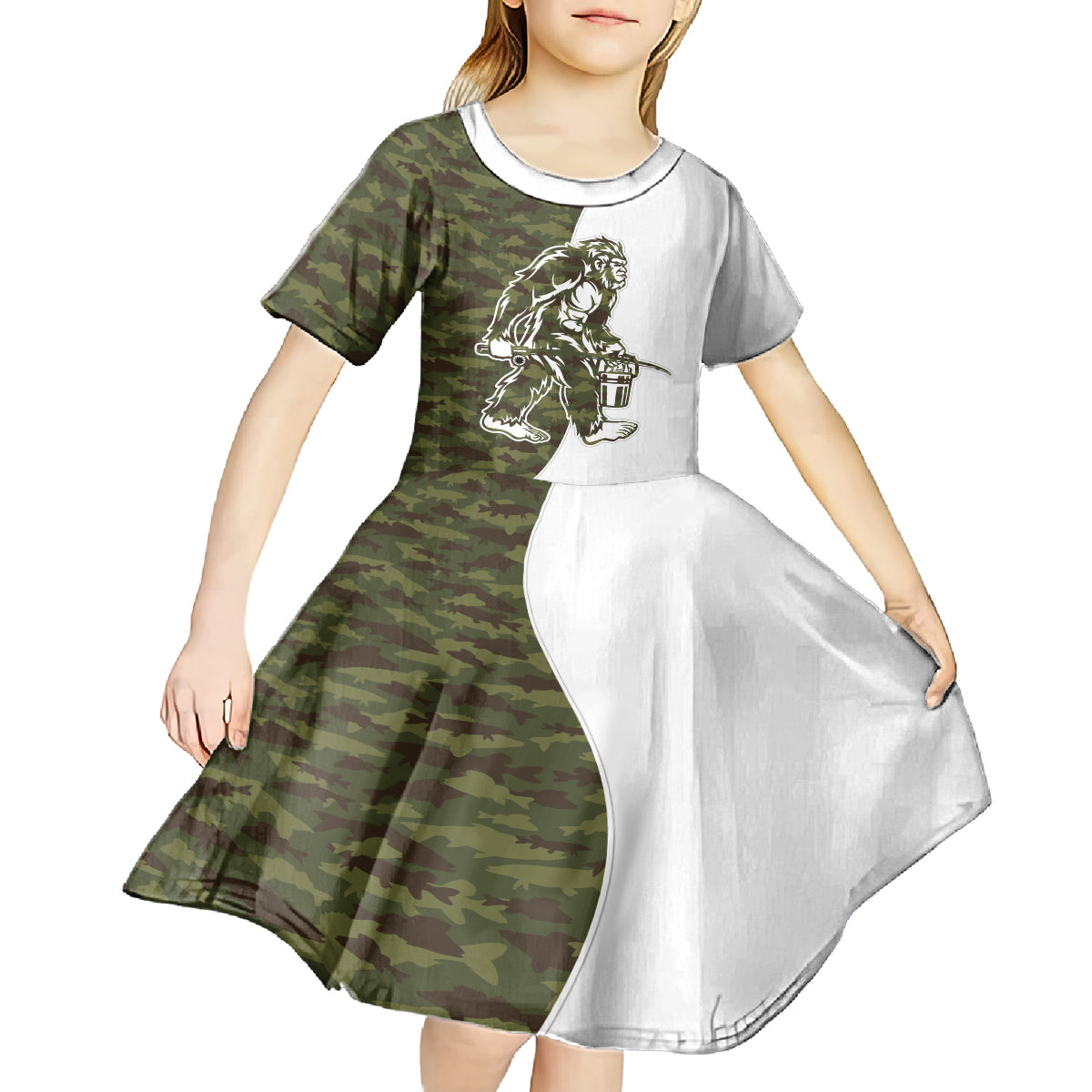 Funny Bigfoot Green Military Texture Fish Kid Short Sleeve Dress - Wonder Print Shop