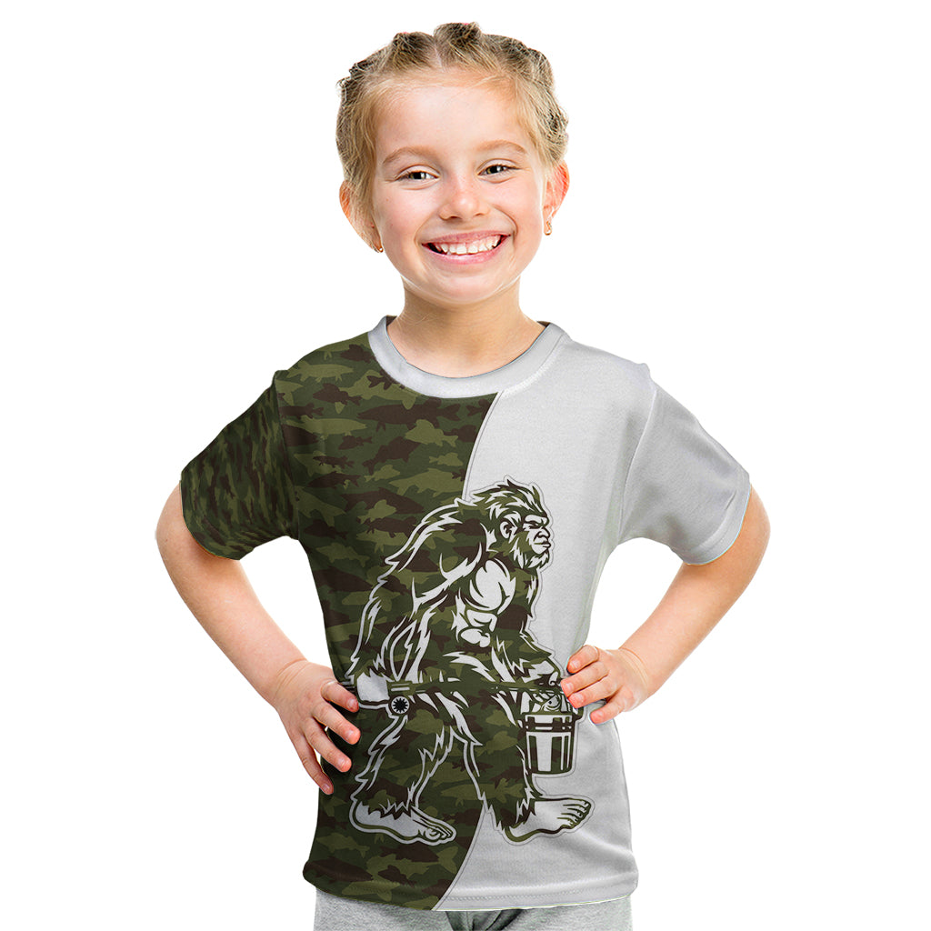 Funny Bigfoot Green Military Texture Fish Kid T Shirt - Wonder Print Shop
