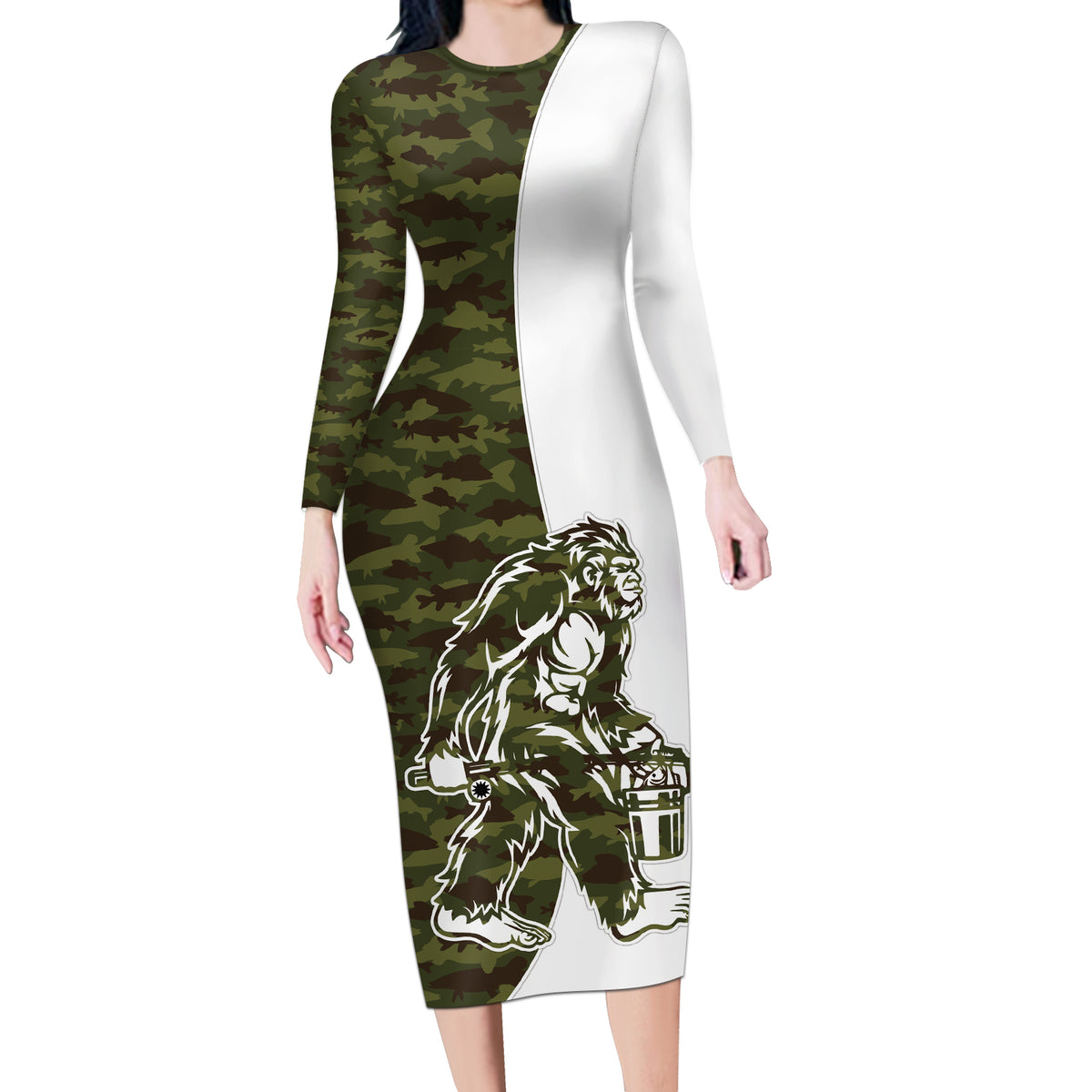 Funny Bigfoot Green Military Texture Fish Long Sleeve Bodycon Dress - Wonder Print Shop