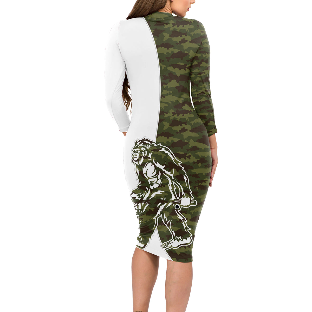 Funny Bigfoot Green Military Texture Fish Long Sleeve Bodycon Dress - Wonder Print Shop
