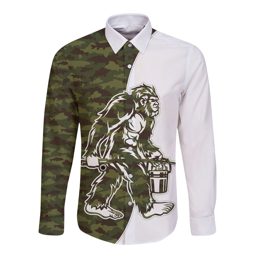 Funny Bigfoot Green Military Texture Fish Long Sleeve Button Shirt - Wonder Print Shop