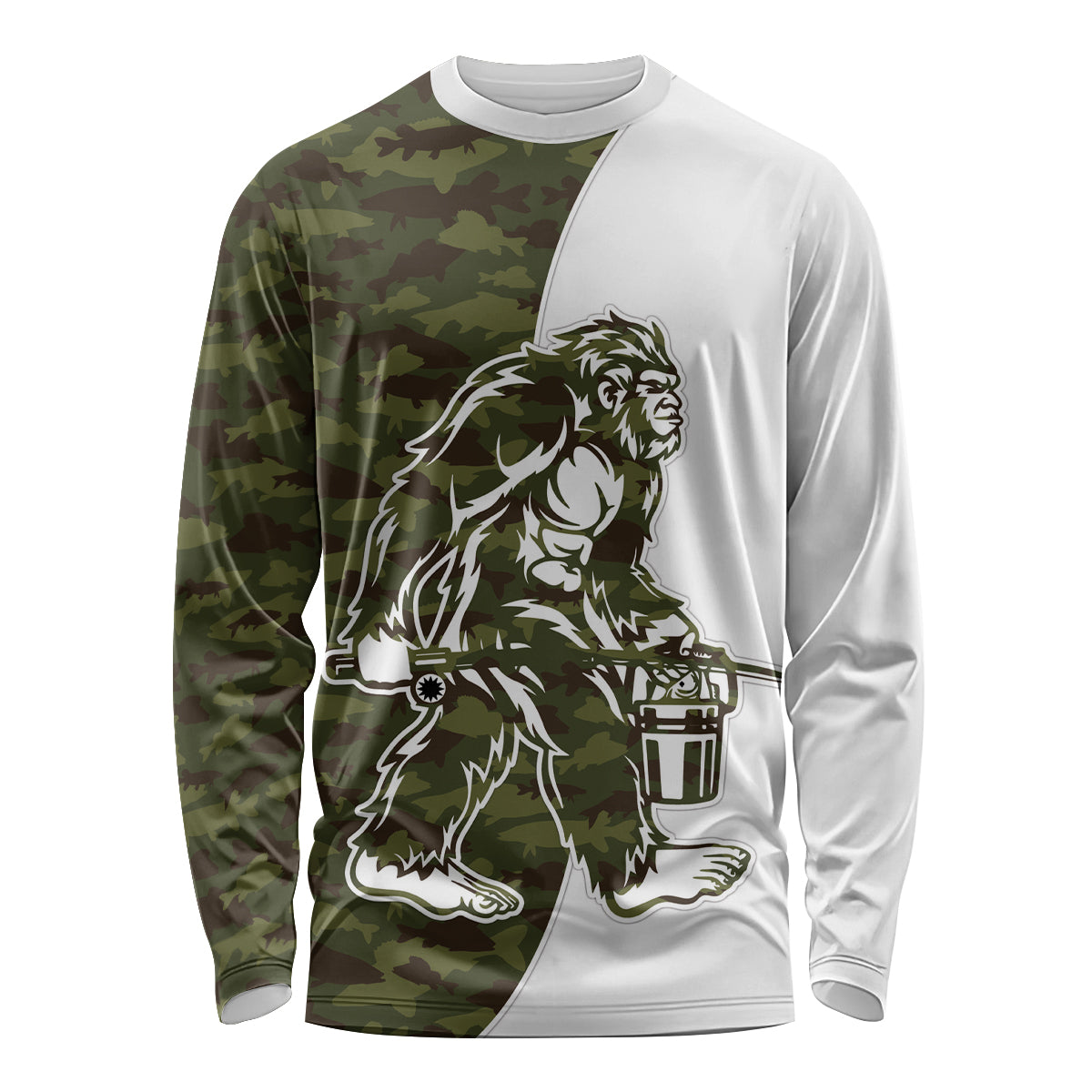 Funny Bigfoot Green Military Texture Fish Long Sleeve Shirt - Wonder Print Shop