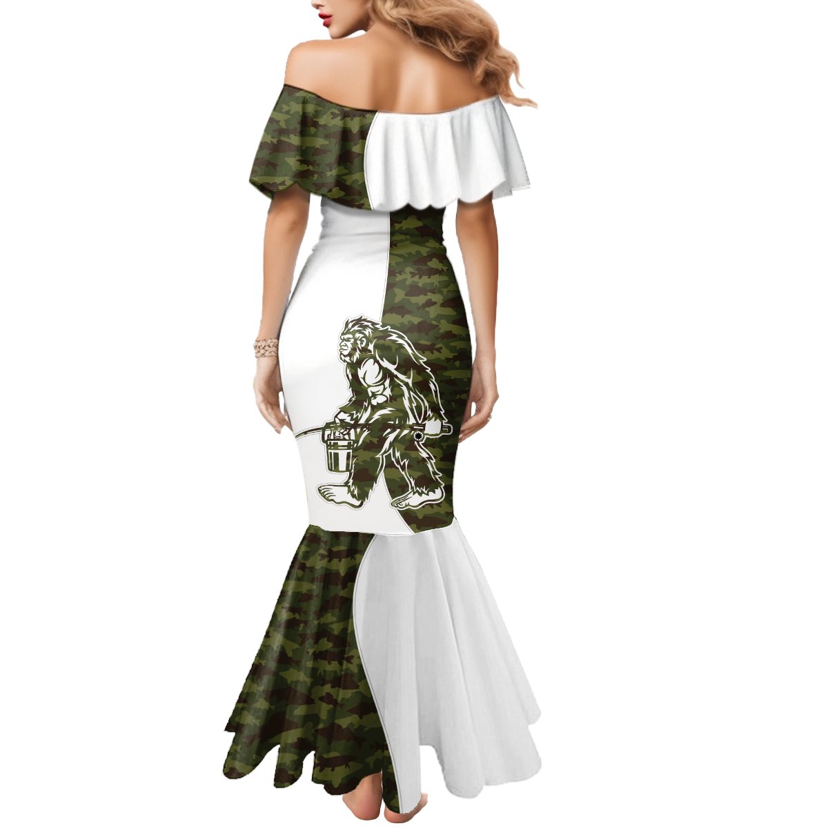 Funny Bigfoot Green Military Texture Fish Mermaid Dress - Wonder Print Shop