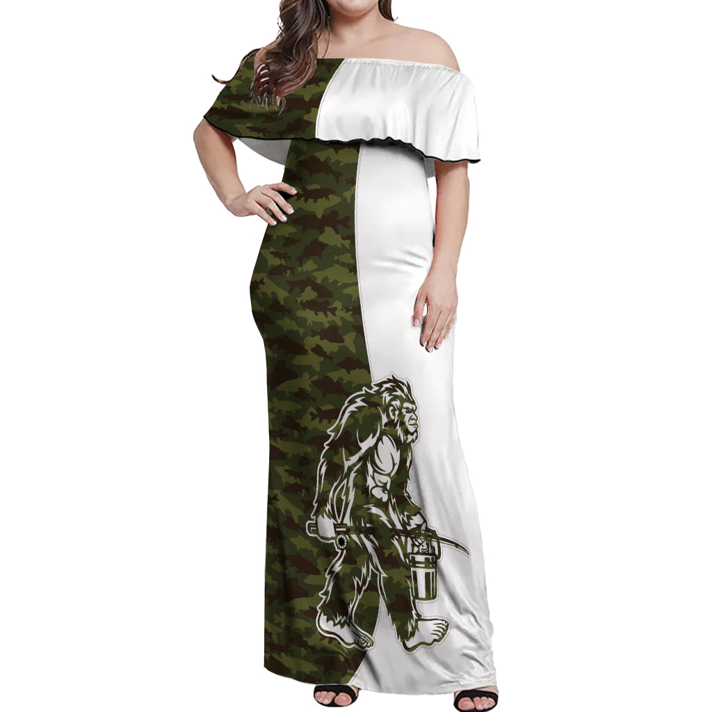 Funny Bigfoot Green Military Texture Fish Off Shoulder Maxi Dress - Wonder Print Shop
