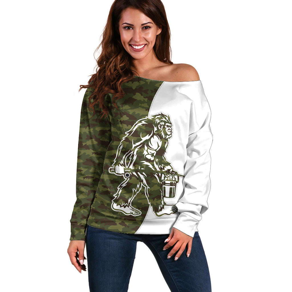 Funny Bigfoot Green Military Texture Fish Off Shoulder Sweater - Wonder Print Shop