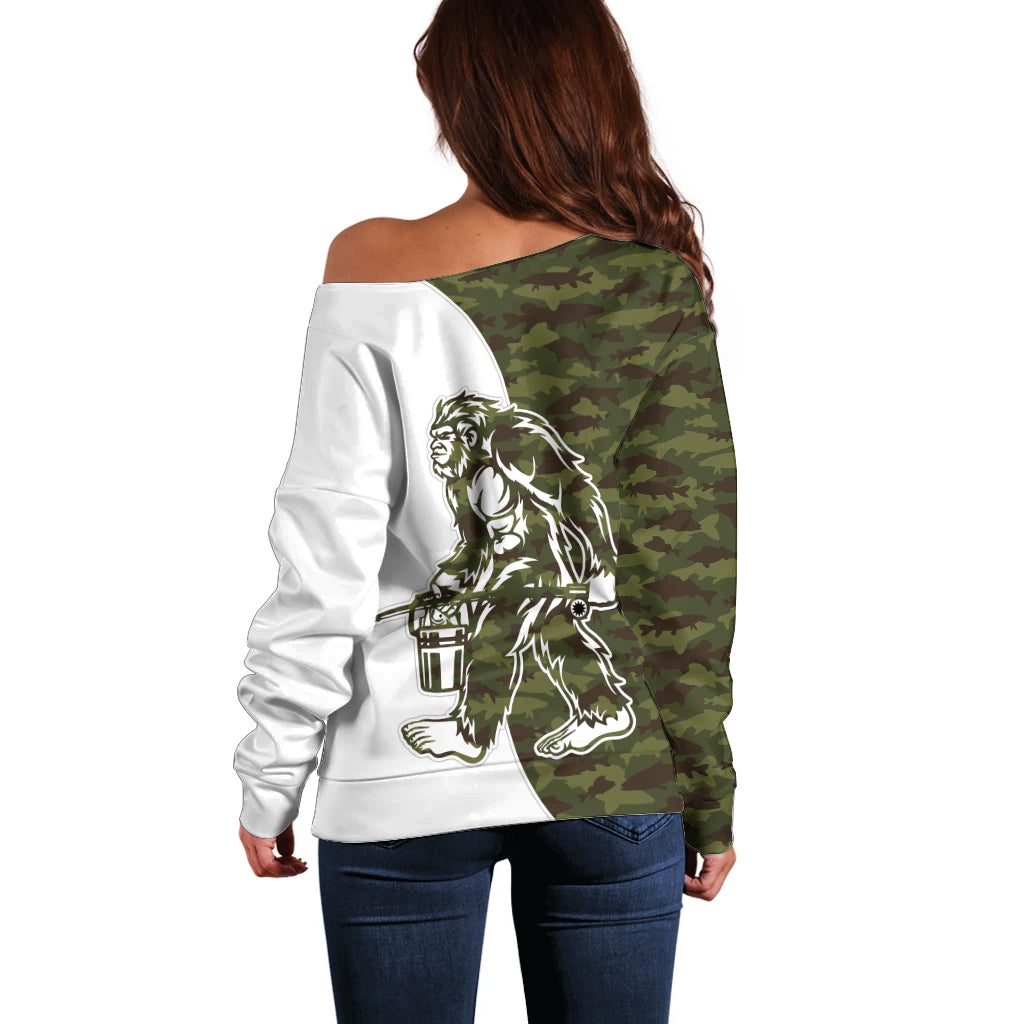 Funny Bigfoot Green Military Texture Fish Off Shoulder Sweater - Wonder Print Shop