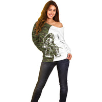 Funny Bigfoot Green Military Texture Fish Off Shoulder Sweater - Wonder Print Shop