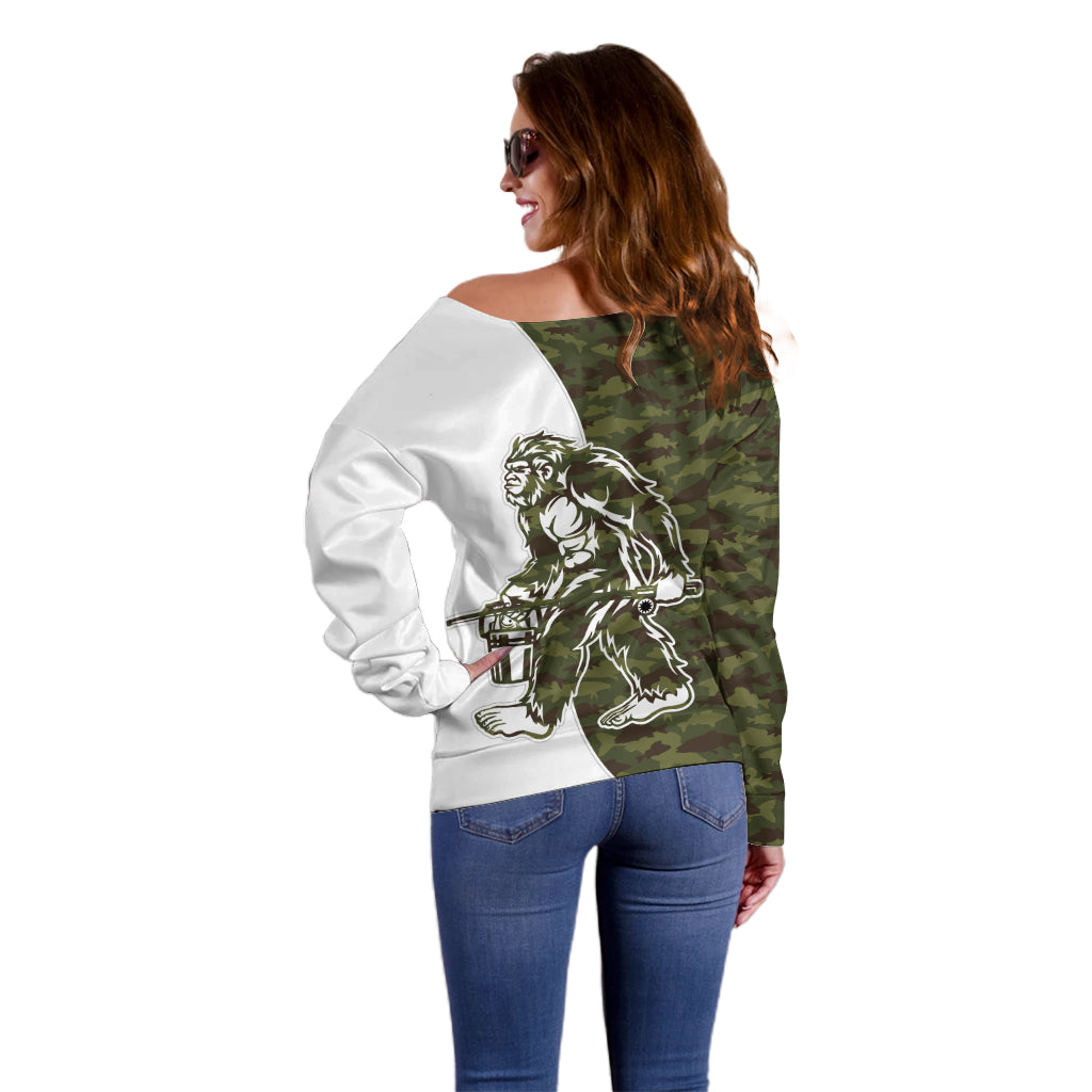 Funny Bigfoot Green Military Texture Fish Off Shoulder Sweater - Wonder Print Shop