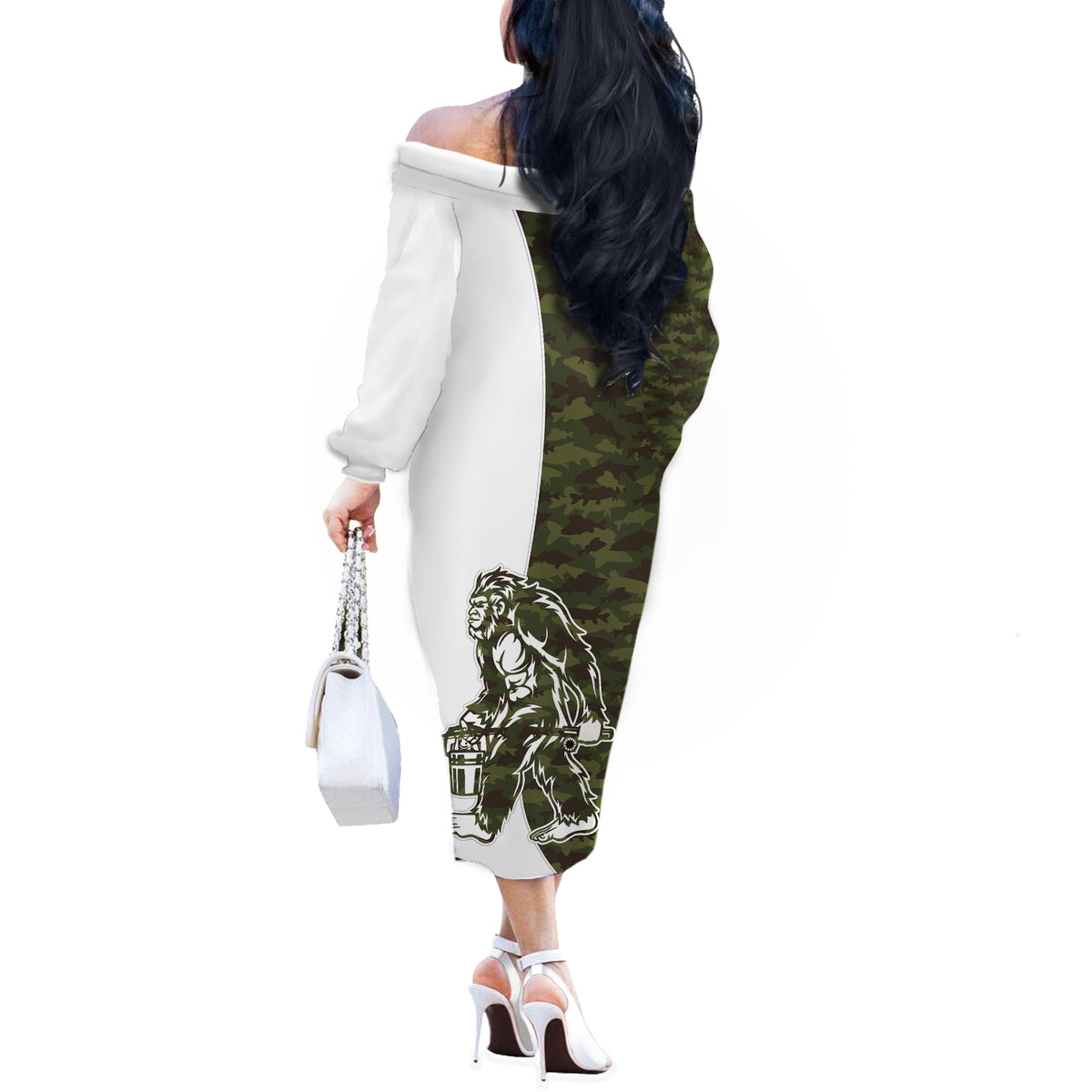 Funny Bigfoot Green Military Texture Fish Off The Shoulder Long Sleeve Dress - Wonder Print Shop
