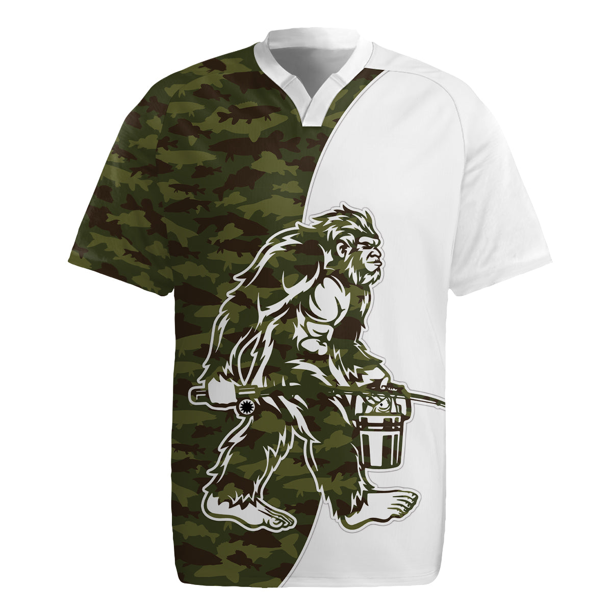 Funny Bigfoot Green Military Texture Fish Rugby Jersey - Wonder Print Shop