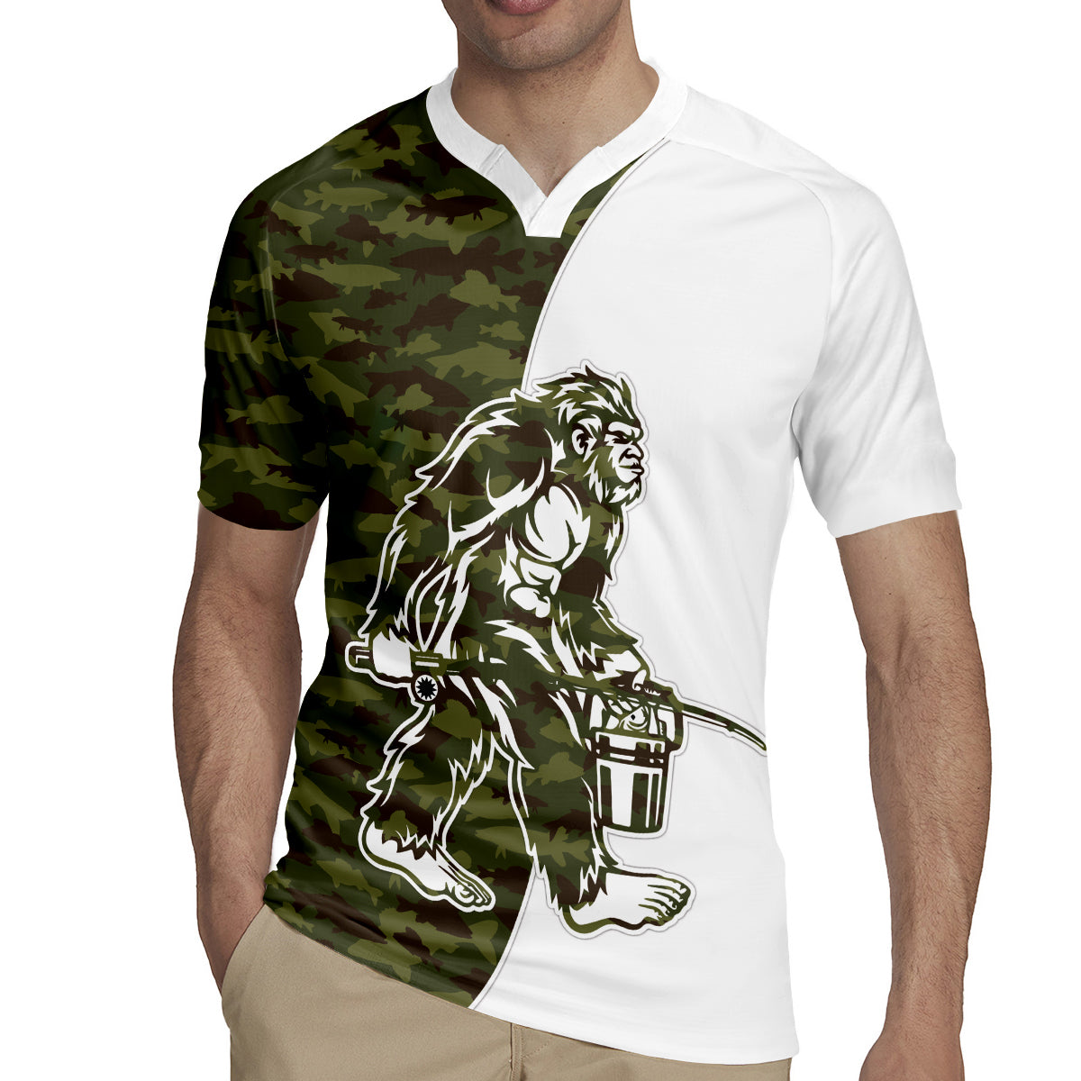 Funny Bigfoot Green Military Texture Fish Rugby Jersey - Wonder Print Shop