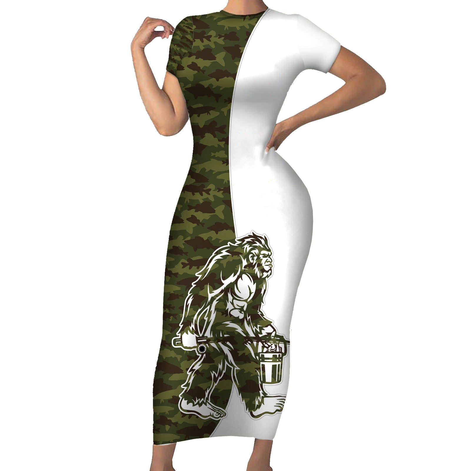 Funny Bigfoot Green Military Texture Fish Short Sleeve Bodycon Dress - Wonder Print Shop