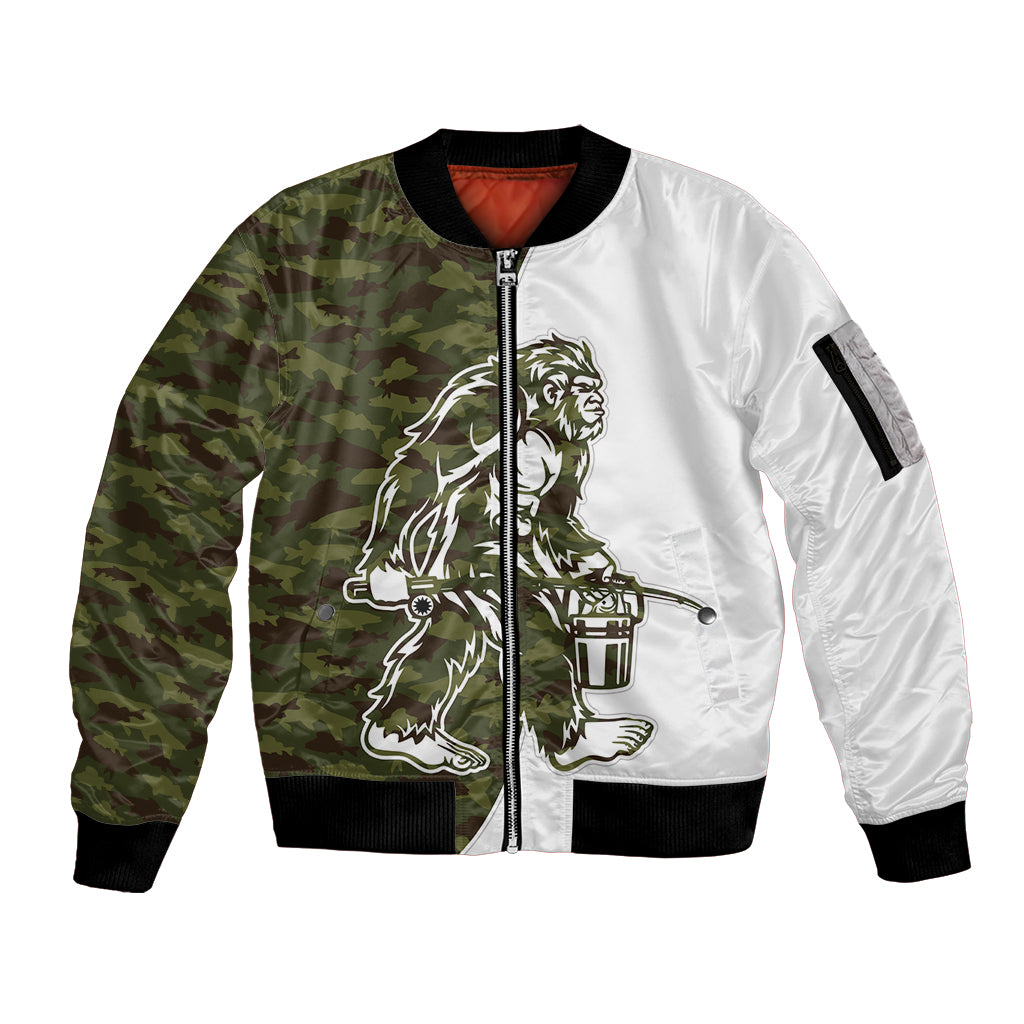 Funny Bigfoot Green Military Texture Fish Sleeve Zip Bomber Jacket - Wonder Print Shop