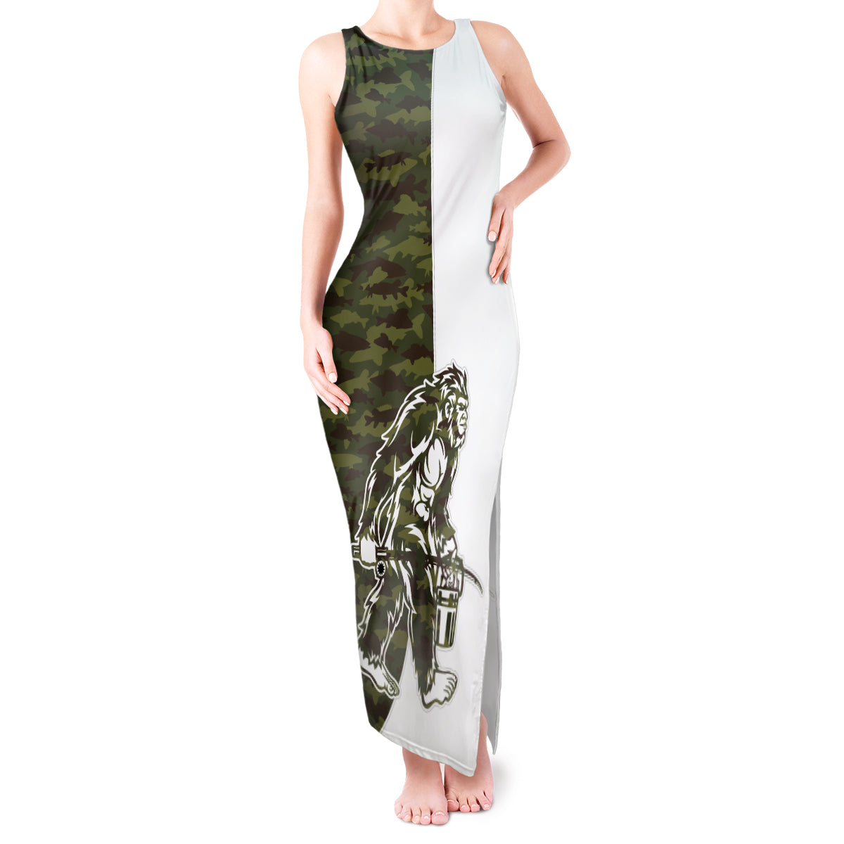Funny Bigfoot Green Military Texture Fish Tank Maxi Dress - Wonder Print Shop