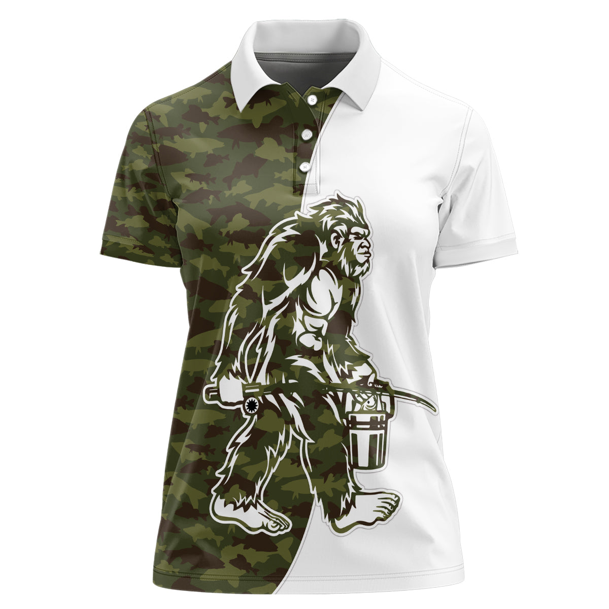 Funny Bigfoot Green Military Texture Fish Women Polo Shirt - Wonder Print Shop