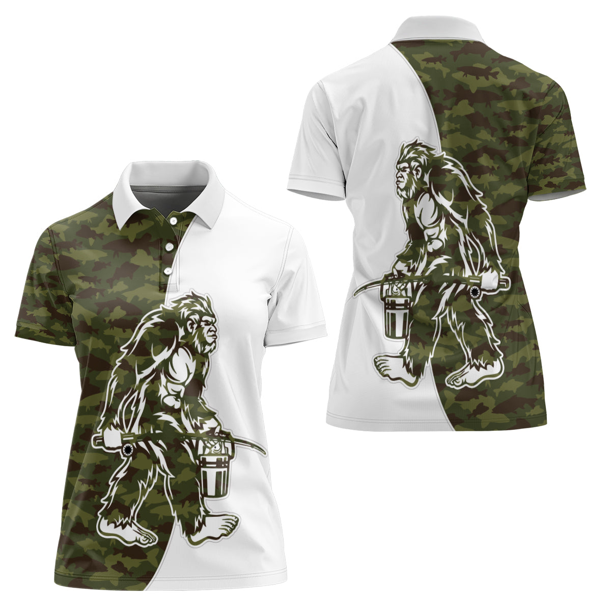 Funny Bigfoot Green Military Texture Fish Women Polo Shirt - Wonder Print Shop