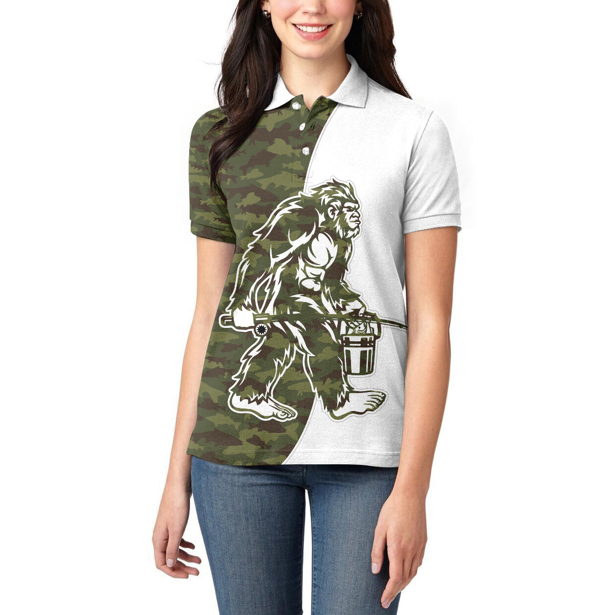 Funny Bigfoot Green Military Texture Fish Women Polo Shirt - Wonder Print Shop