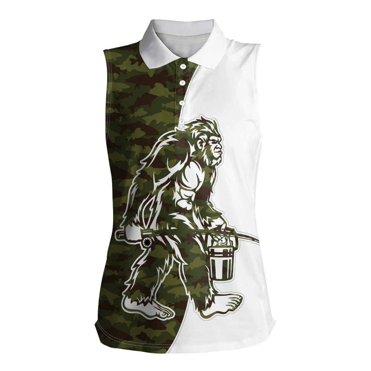 Funny Bigfoot Green Military Texture Fish Women Sleeveless Polo Shirt - Wonder Print Shop
