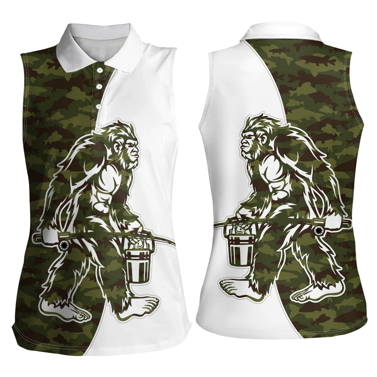 Funny Bigfoot Green Military Texture Fish Women Sleeveless Polo Shirt - Wonder Print Shop