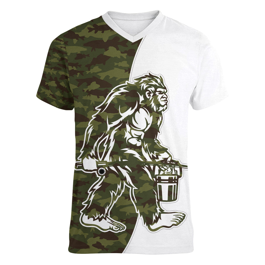 Funny Bigfoot Green Military Texture Fish Women V-Neck T-Shirt - Wonder Print Shop