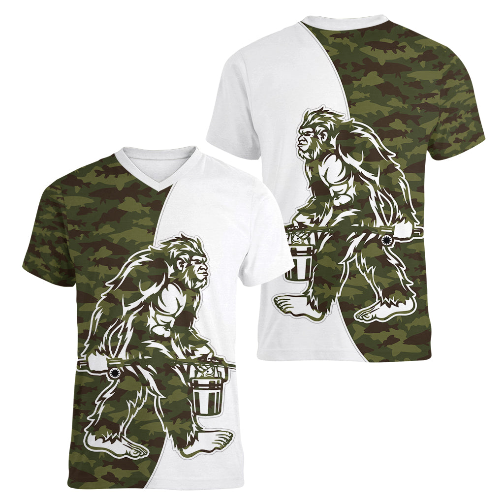 Funny Bigfoot Green Military Texture Fish Women V-Neck T-Shirt - Wonder Print Shop