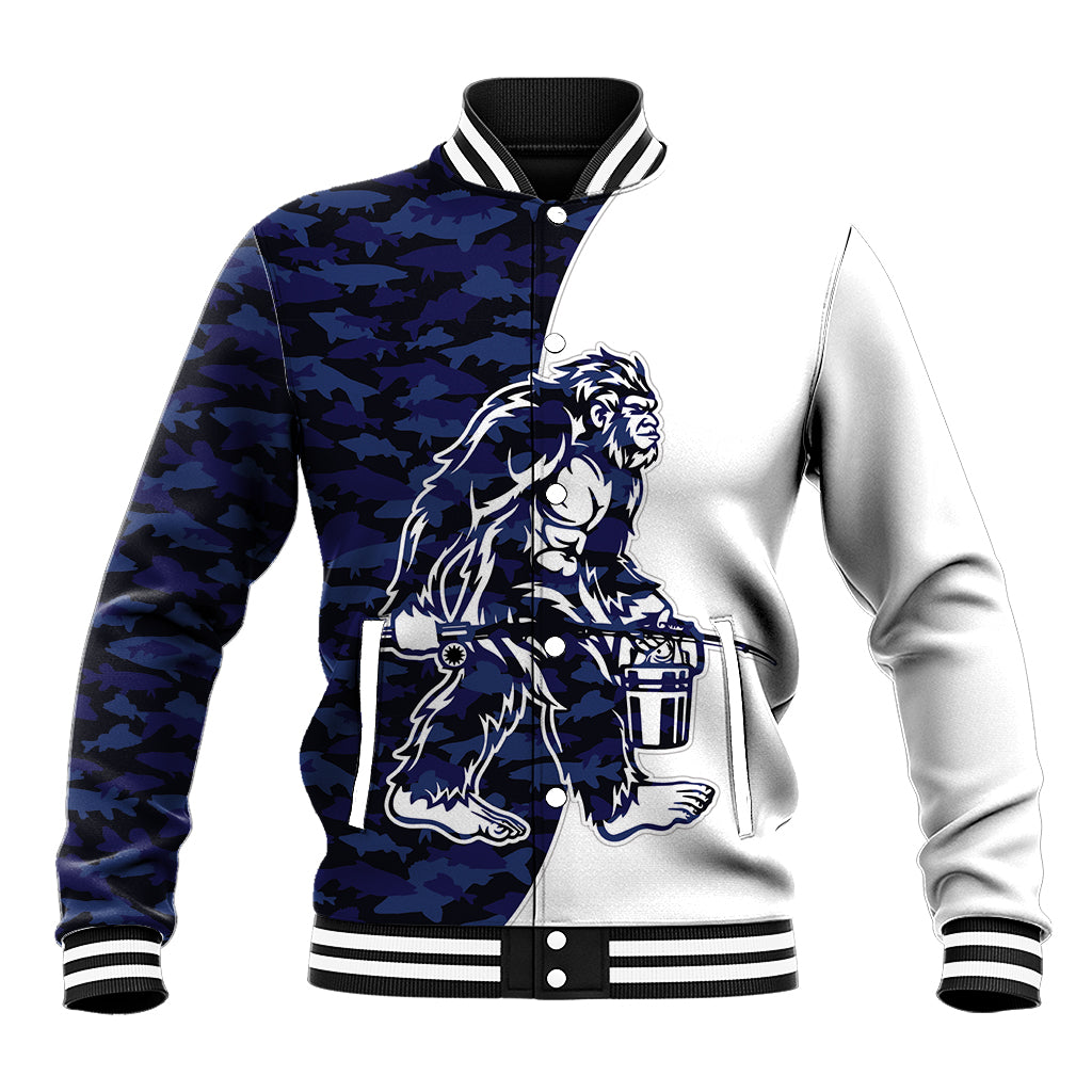 Funny Bigfoot Blue Military Texture Fish Baseball Jacket - Wonder Print Shop