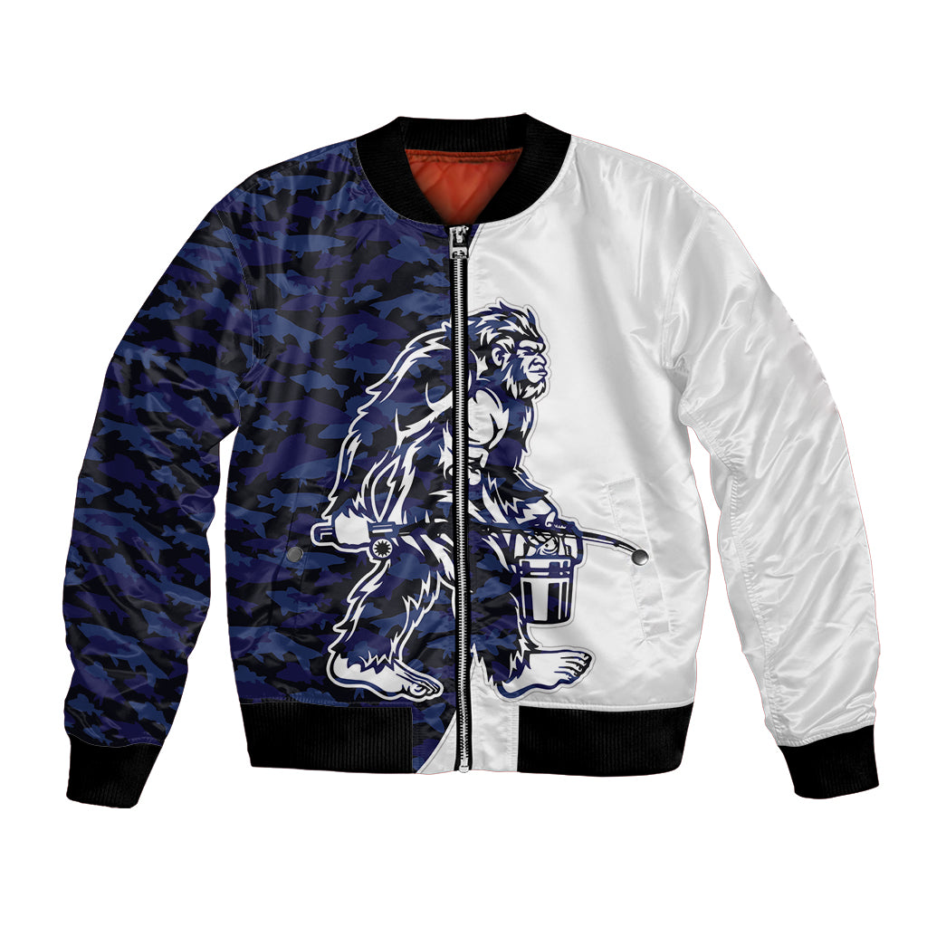 Funny Bigfoot Blue Military Texture Fish Bomber Jacket - Wonder Print Shop