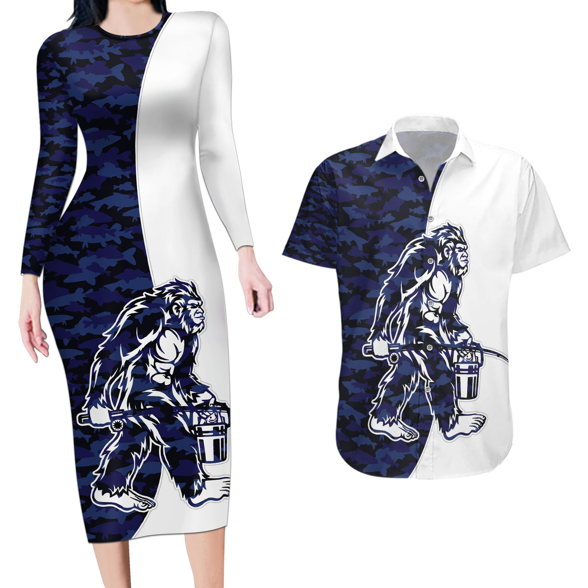 Funny Bigfoot Blue Military Texture Fish Couples Matching Long Sleeve Bodycon Dress and Hawaiian Shirt - Wonder Print Shop
