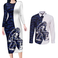 Funny Bigfoot Blue Military Texture Fish Couples Matching Long Sleeve Bodycon Dress and Long Sleeve Button Shirt - Wonder Print Shop