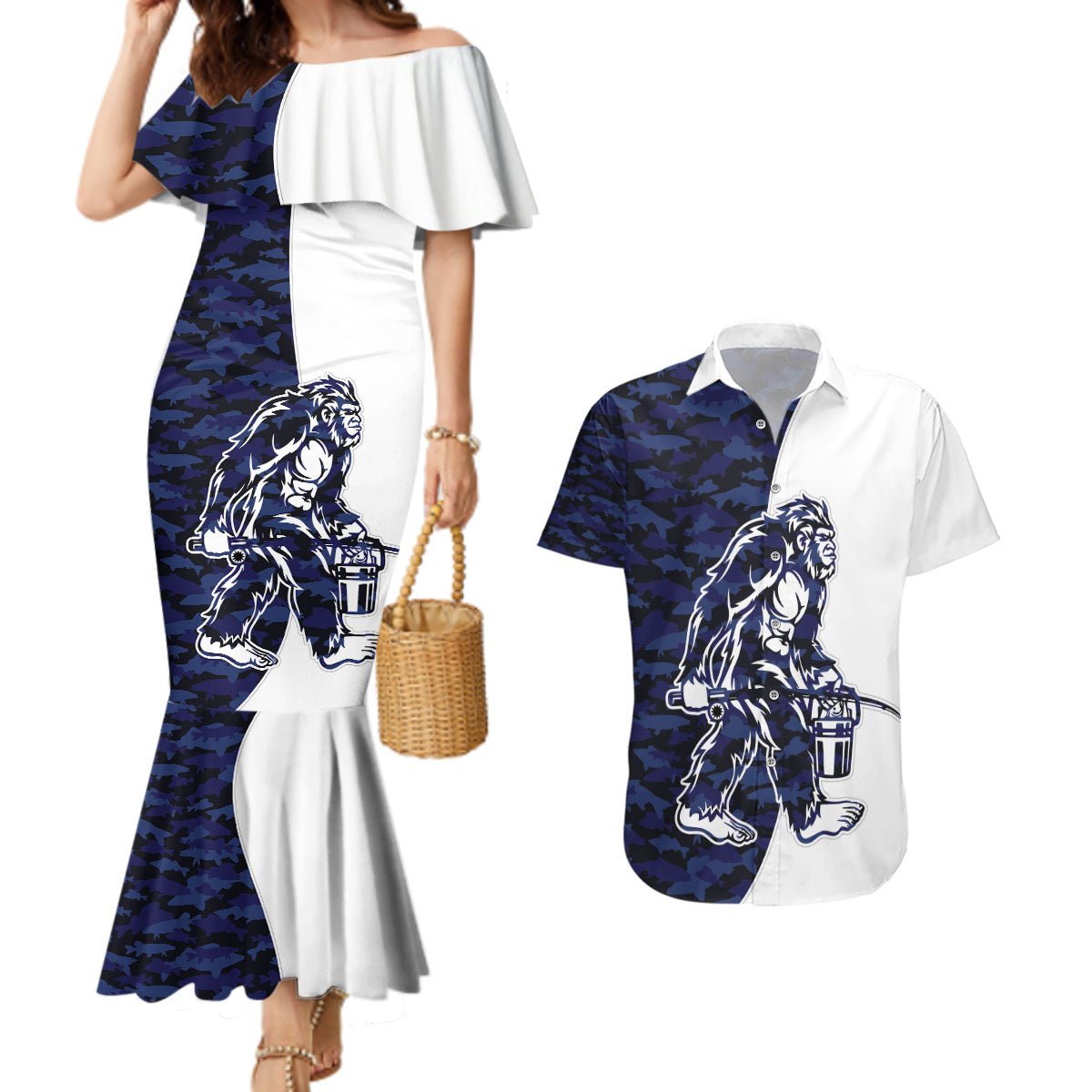 Funny Bigfoot Blue Military Texture Fish Couples Matching Mermaid Dress and Hawaiian Shirt - Wonder Print Shop