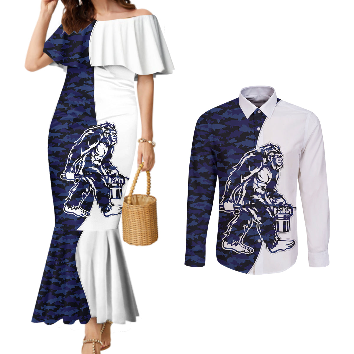 Funny Bigfoot Blue Military Texture Fish Couples Matching Mermaid Dress and Long Sleeve Button Shirt