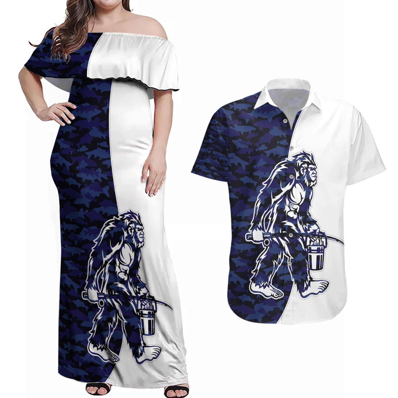 Funny Bigfoot Blue Military Texture Fish Couples Matching Off Shoulder Maxi Dress and Hawaiian Shirt - Wonder Print Shop