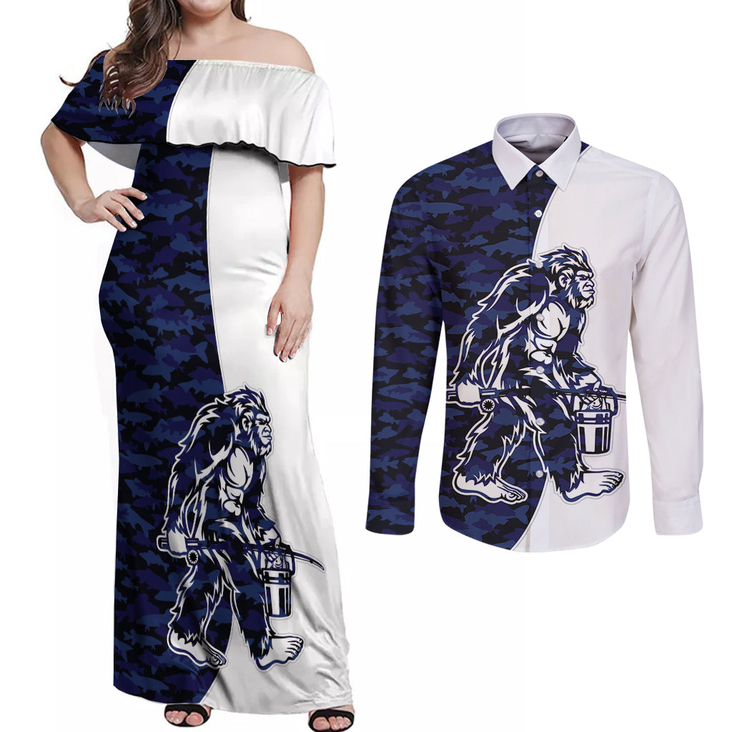 Funny Bigfoot Blue Military Texture Fish Couples Matching Off Shoulder Maxi Dress and Long Sleeve Button Shirt - Wonder Print Shop