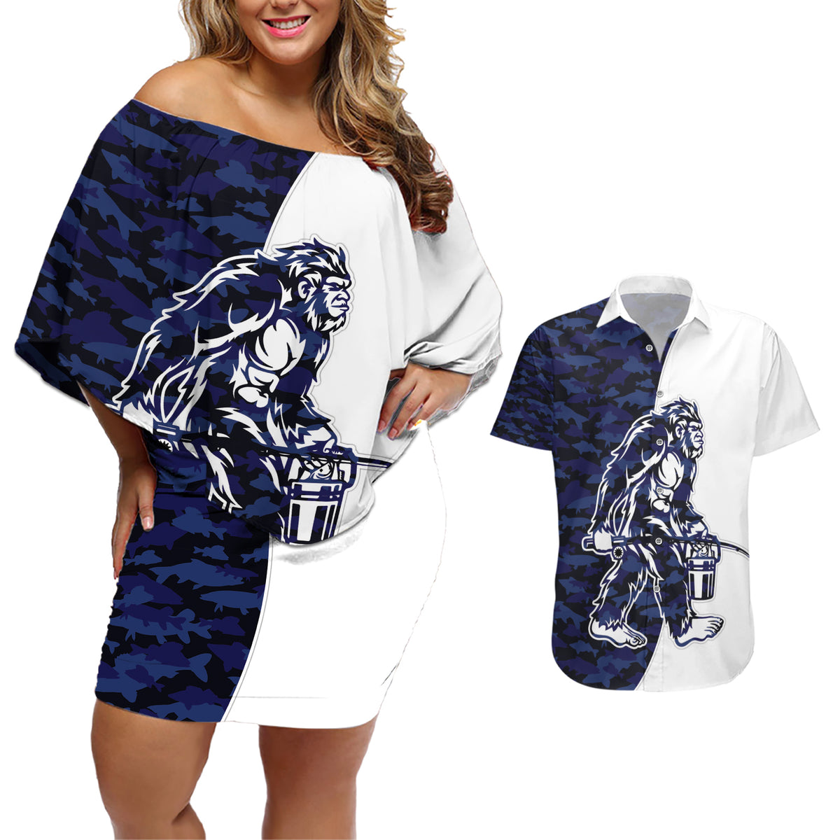 Funny Bigfoot Blue Military Texture Fish Couples Matching Off Shoulder Short Dress and Hawaiian Shirt - Wonder Print Shop