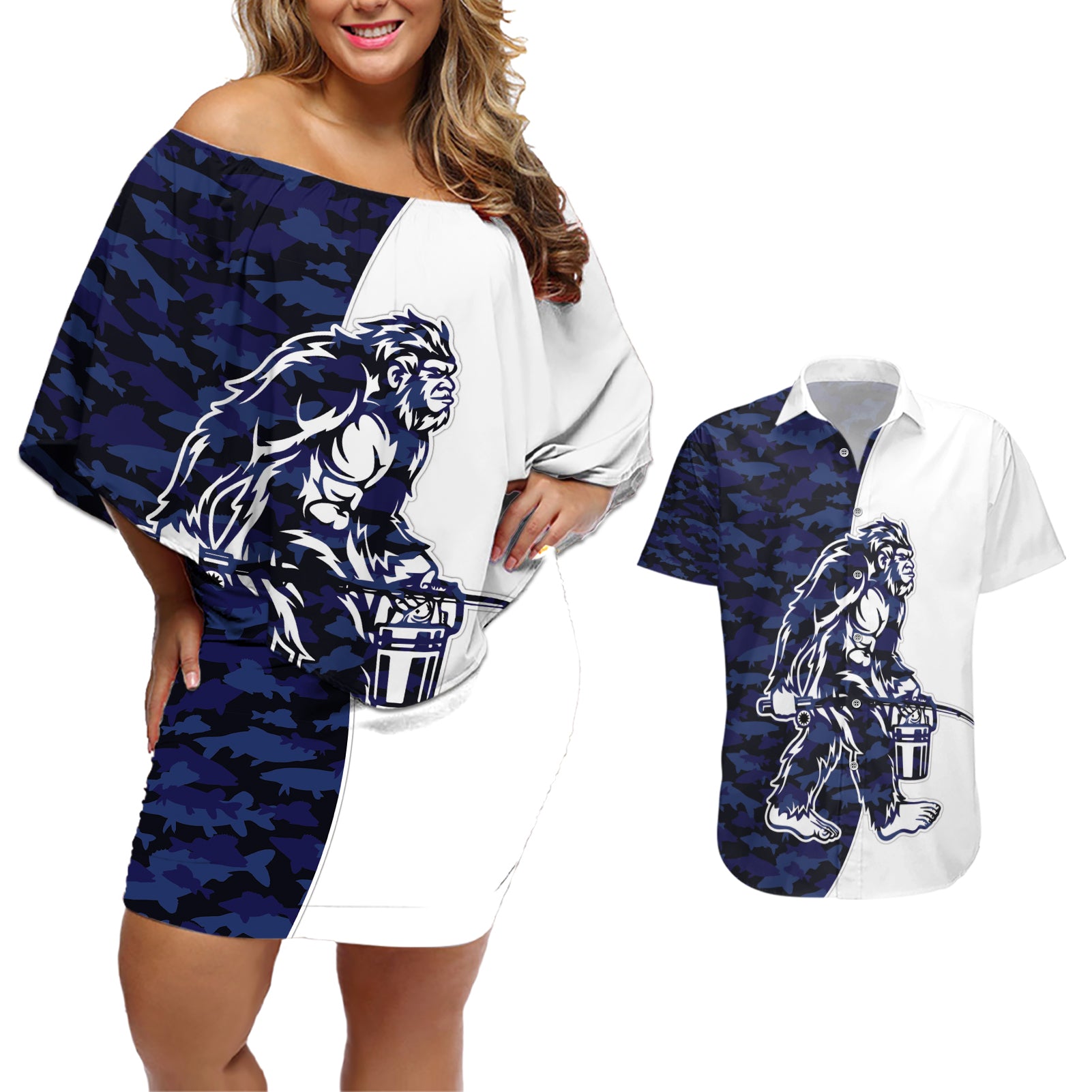 Funny Bigfoot Blue Military Texture Fish Couples Matching Off Shoulder Short Dress and Hawaiian Shirt - Wonder Print Shop