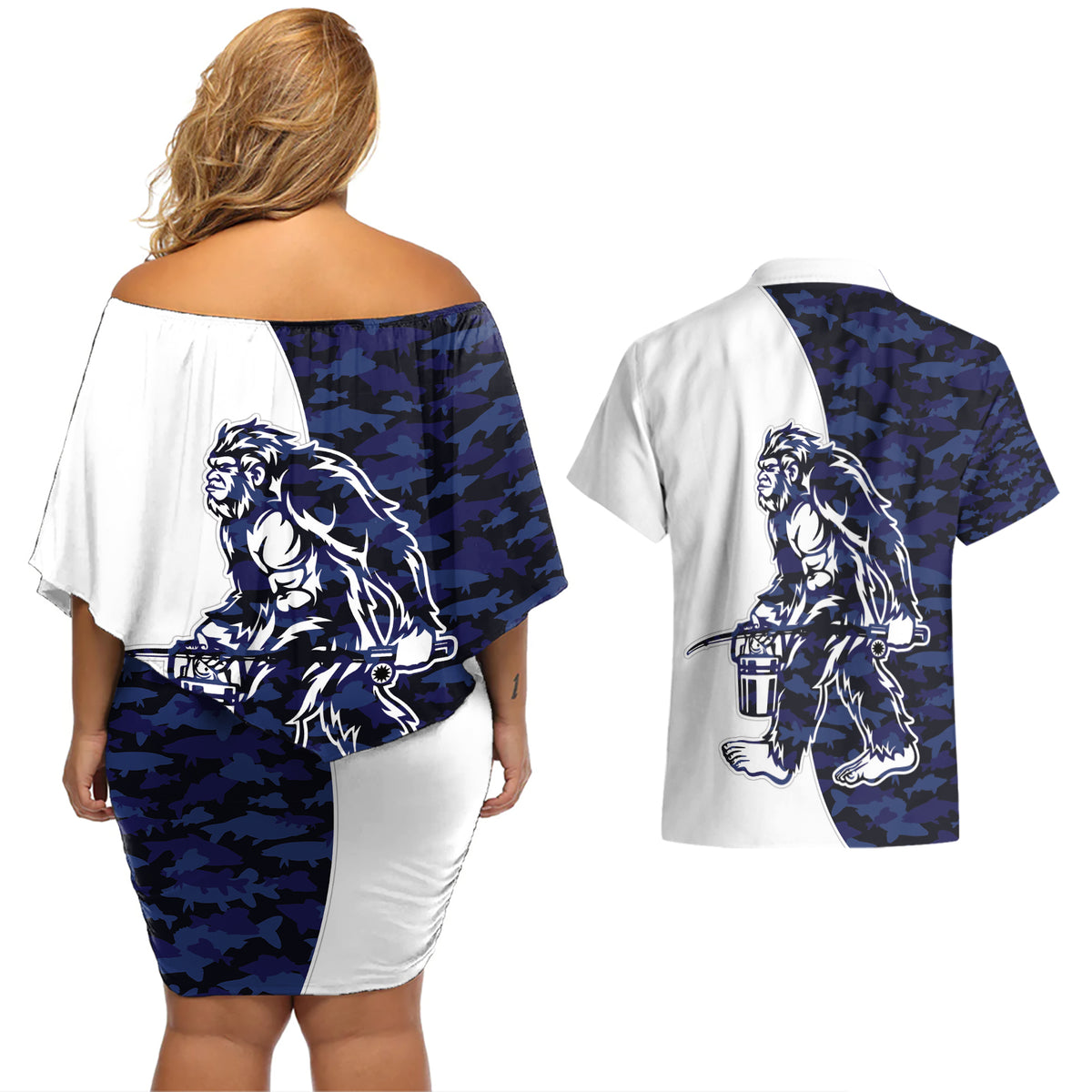 Funny Bigfoot Blue Military Texture Fish Couples Matching Off Shoulder Short Dress and Hawaiian Shirt - Wonder Print Shop
