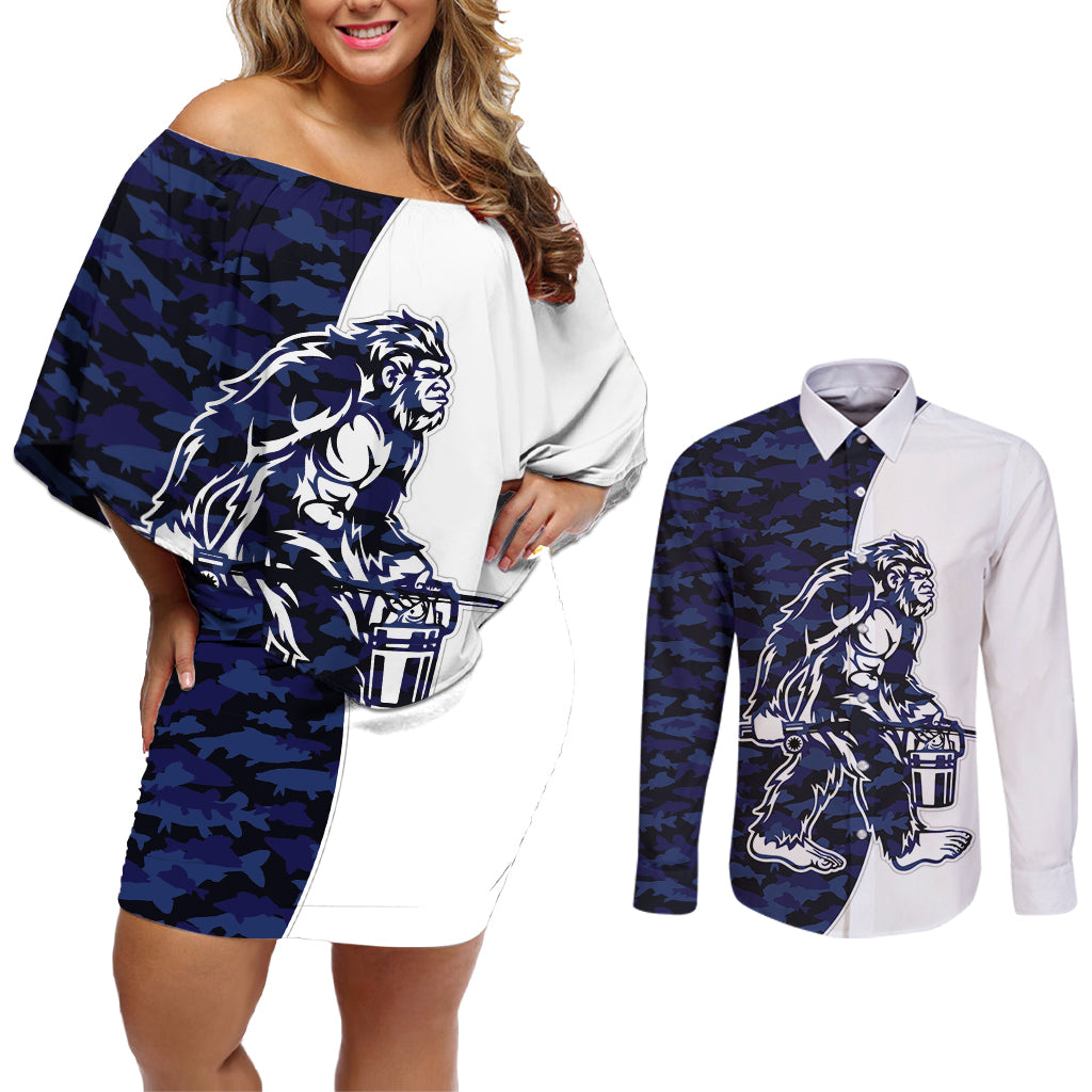 Funny Bigfoot Blue Military Texture Fish Couples Matching Off Shoulder Short Dress and Long Sleeve Button Shirt - Wonder Print Shop