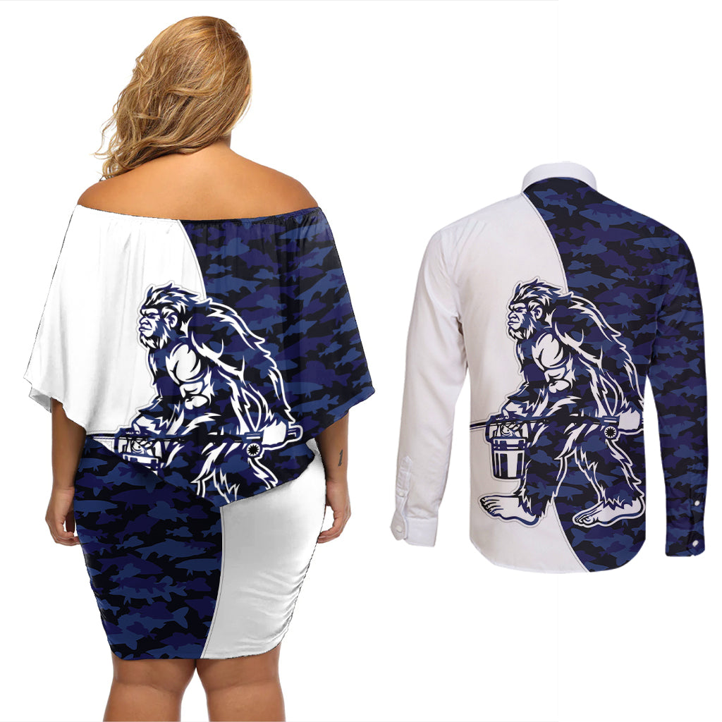 Funny Bigfoot Blue Military Texture Fish Couples Matching Off Shoulder Short Dress and Long Sleeve Button Shirt - Wonder Print Shop