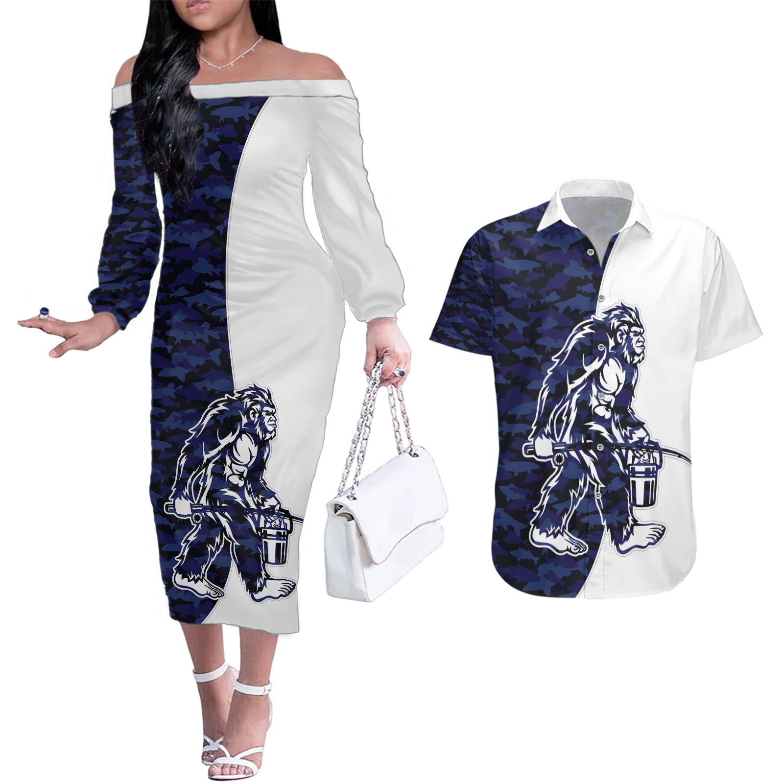 Funny Bigfoot Blue Military Texture Fish Couples Matching Off The Shoulder Long Sleeve Dress and Hawaiian Shirt - Wonder Print Shop