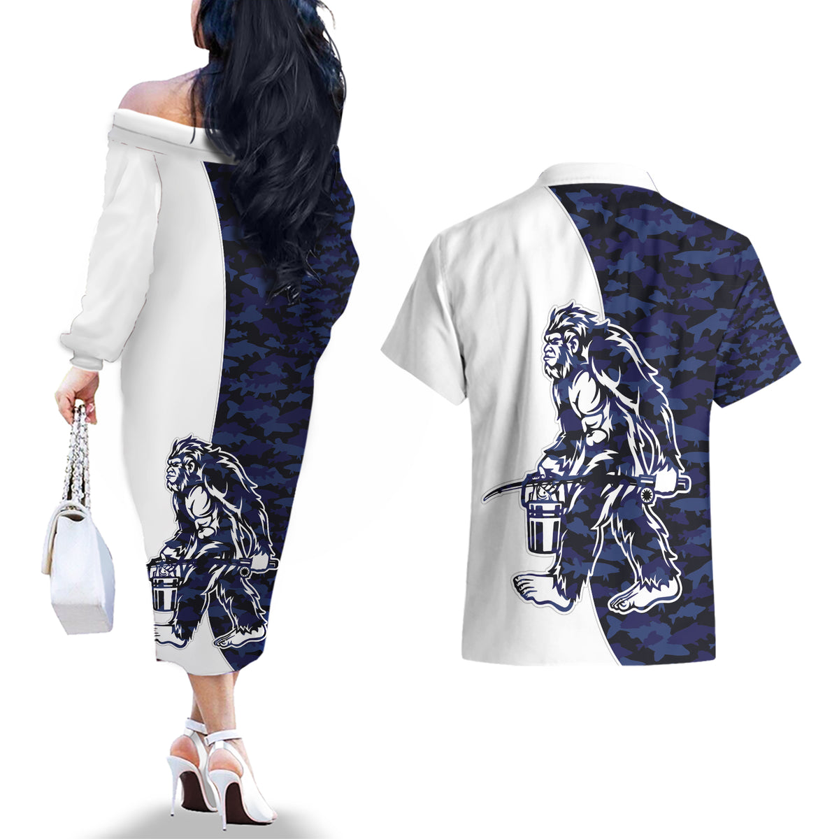Funny Bigfoot Blue Military Texture Fish Couples Matching Off The Shoulder Long Sleeve Dress and Hawaiian Shirt - Wonder Print Shop