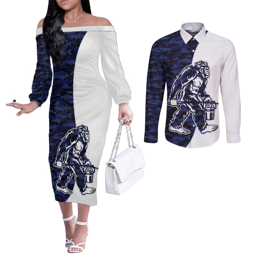 Funny Bigfoot Blue Military Texture Fish Couples Matching Off The Shoulder Long Sleeve Dress and Long Sleeve Button Shirt