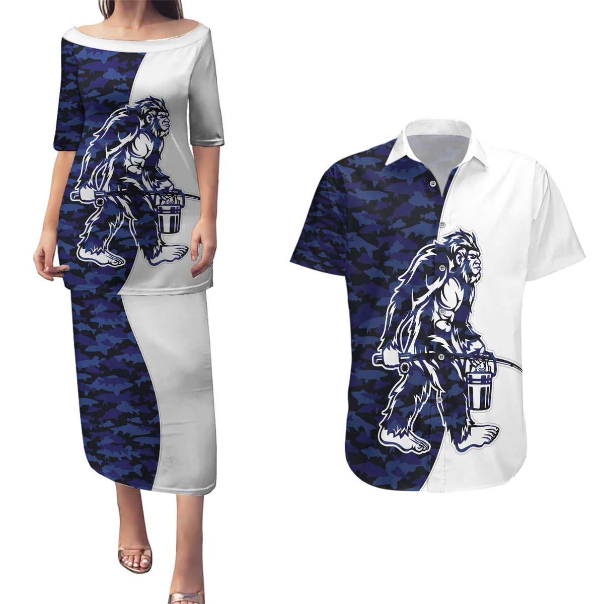 Funny Bigfoot Blue Military Texture Fish Couples Matching Puletasi and Hawaiian Shirt - Wonder Print Shop