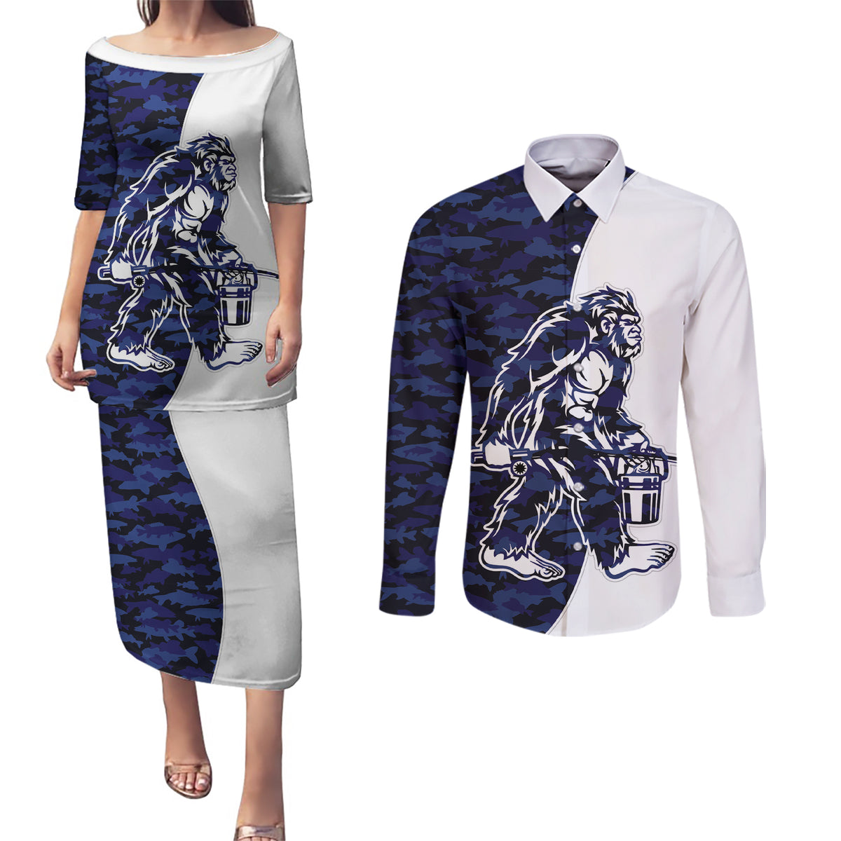 Funny Bigfoot Blue Military Texture Fish Couples Matching Puletasi and Long Sleeve Button Shirt - Wonder Print Shop