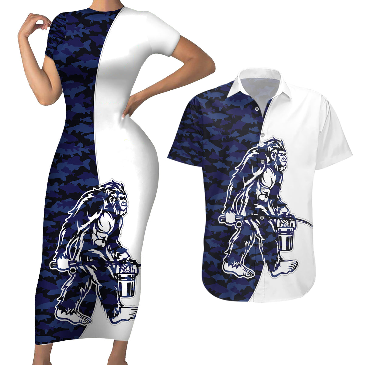 Funny Bigfoot Blue Military Texture Fish Couples Matching Short Sleeve Bodycon Dress and Hawaiian Shirt - Wonder Print Shop