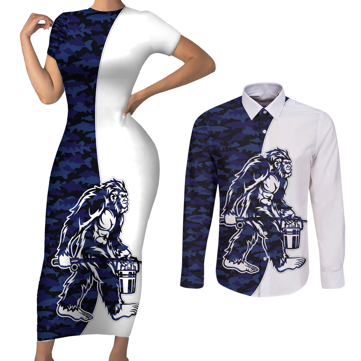Funny Bigfoot Blue Military Texture Fish Couples Matching Short Sleeve Bodycon Dress and Long Sleeve Button Shirt - Wonder Print Shop