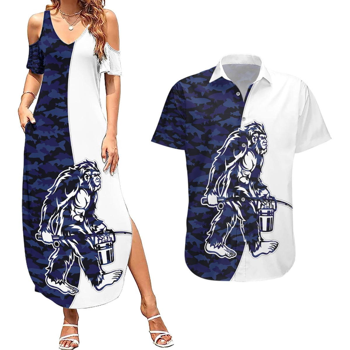 Funny Bigfoot Blue Military Texture Fish Couples Matching Summer Maxi Dress and Hawaiian Shirt - Wonder Print Shop