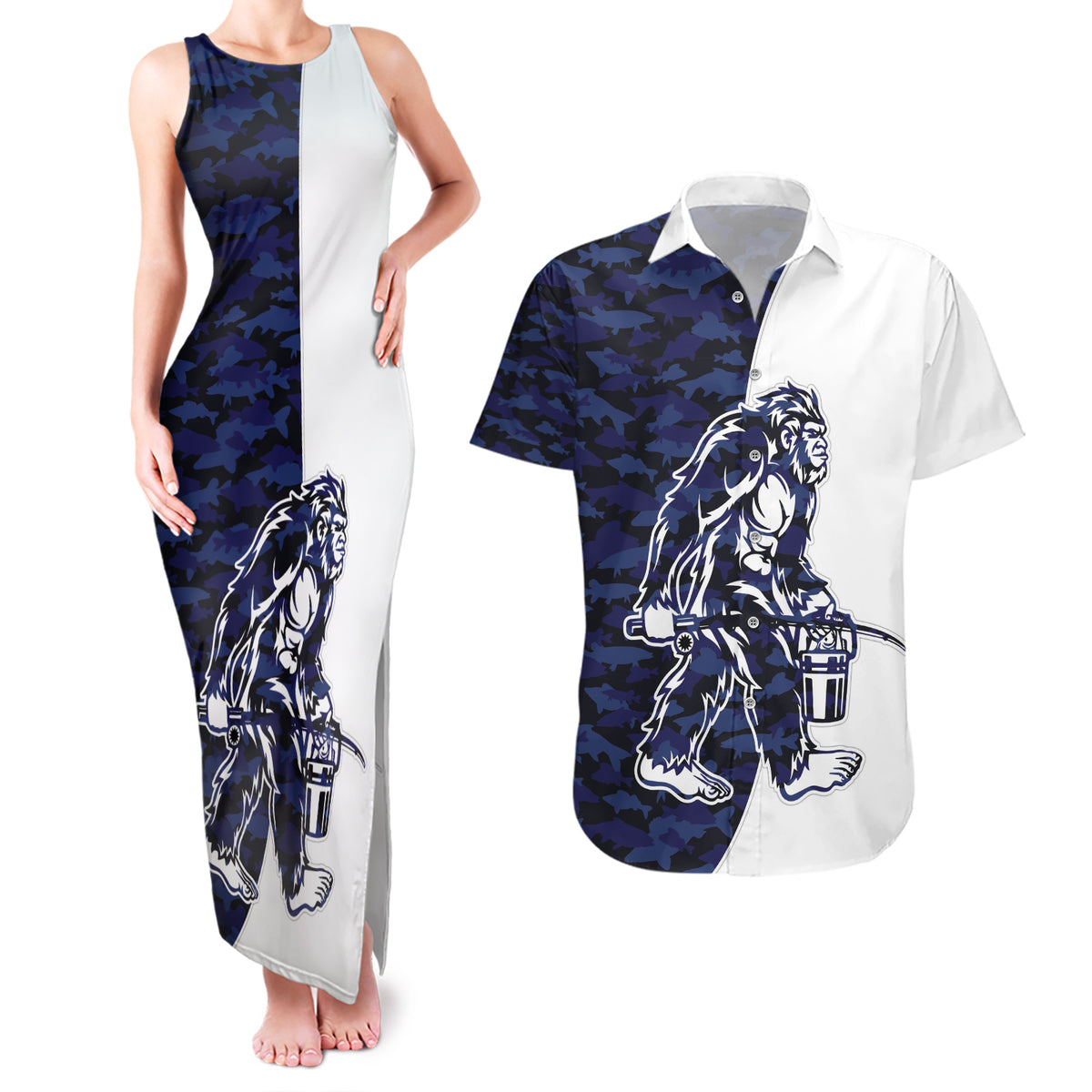 Funny Bigfoot Blue Military Texture Fish Couples Matching Tank Maxi Dress and Hawaiian Shirt - Wonder Print Shop