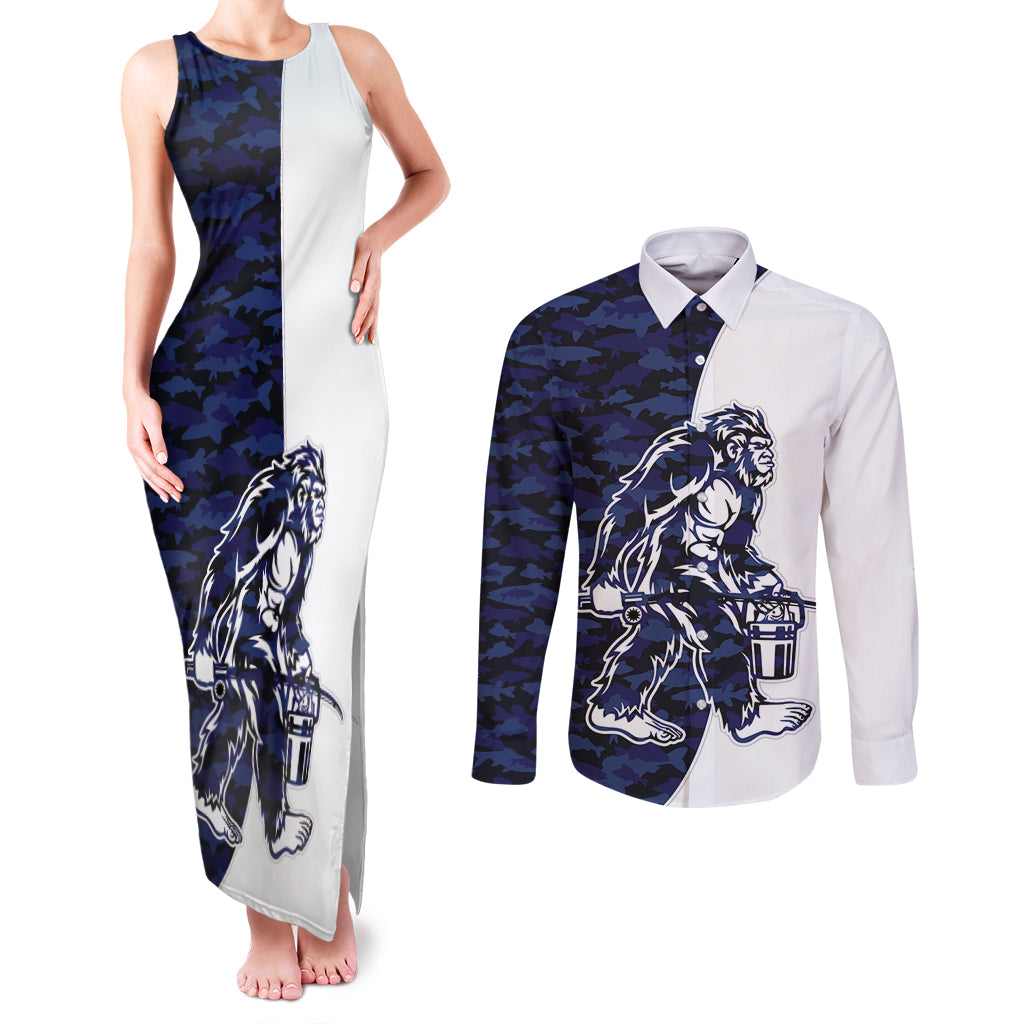 Funny Bigfoot Blue Military Texture Fish Couples Matching Tank Maxi Dress and Long Sleeve Button Shirt - Wonder Print Shop