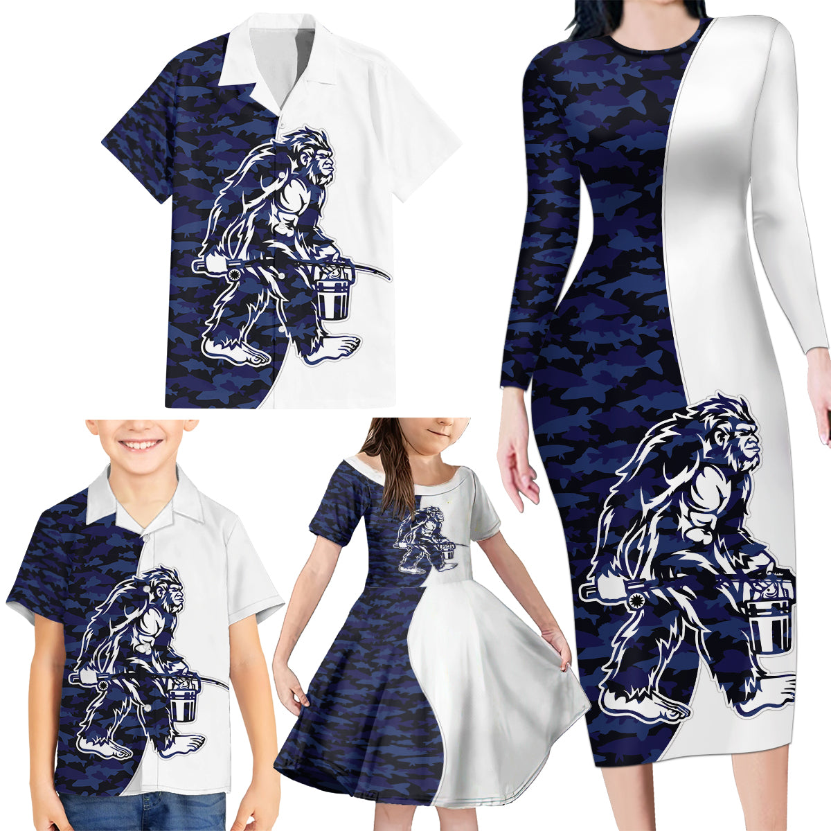 Funny Bigfoot Blue Military Texture Fish Family Matching Long Sleeve Bodycon Dress and Hawaiian Shirt - Wonder Print Shop